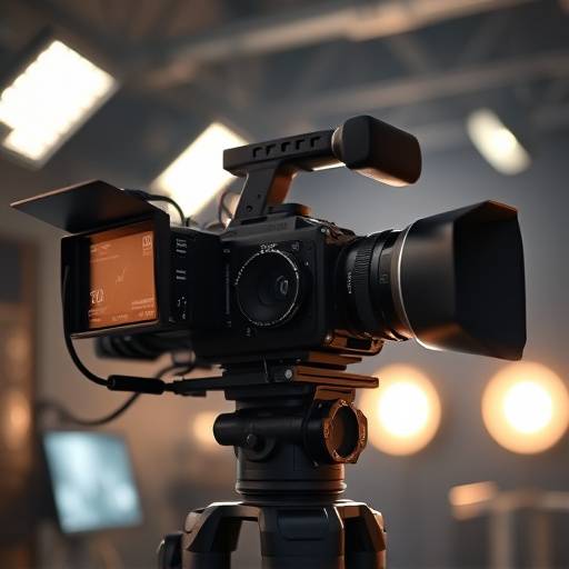 Divers équipements de cinéma professionnels incluant une caméra, des lumières et un microphone