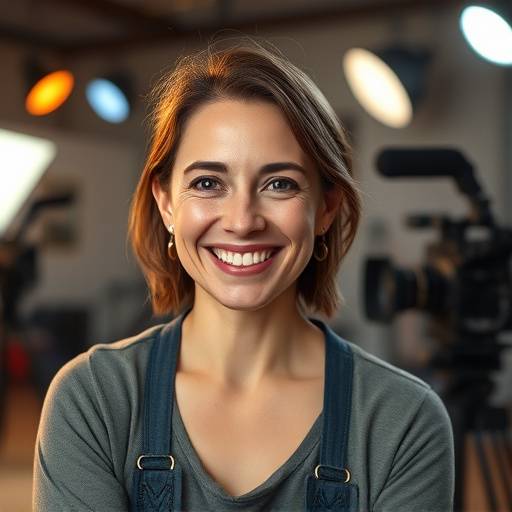 Portrait de Isabelle Dumont, professeure de réalisation, souriant dans un studio de tournage