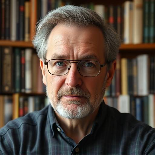 Portrait de Pierre Leclerc, professeur de scénario, posant devant une bibliothèque remplie de scénarios