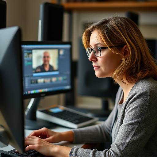 Portrait de Sophie Martin, professeure de montage, travaillant sur une station de montage numérique