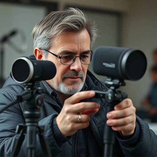 Portrait de Thierry Moreau, professeur de son, ajustant un microphone sur un plateau de tournage