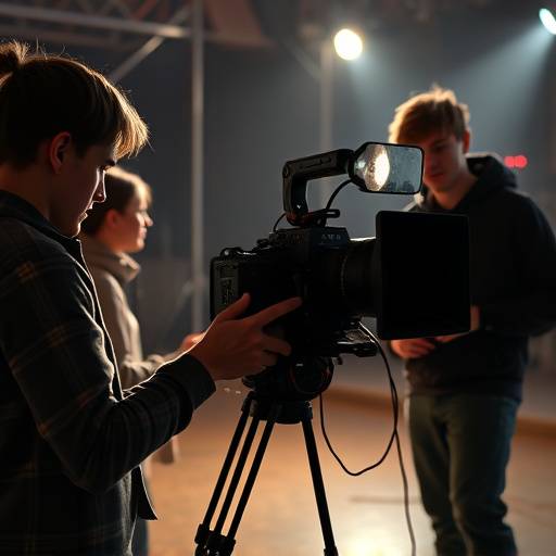 Une scène de tournage avec des étudiants manipulant une caméra